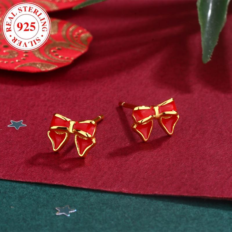 S925 Sterling Silver Christmas Red Bow Stud Earrings for Women