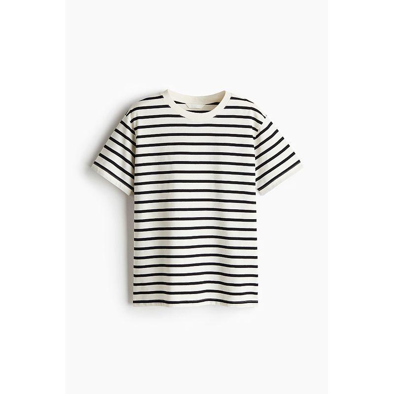 

HM Women s T-shirt 2025 Autumn New Minimalist Pure Cotton Casual round Neck Short Sleeves Tops Inner Wear 0963662 Cream/Stripes 155/76