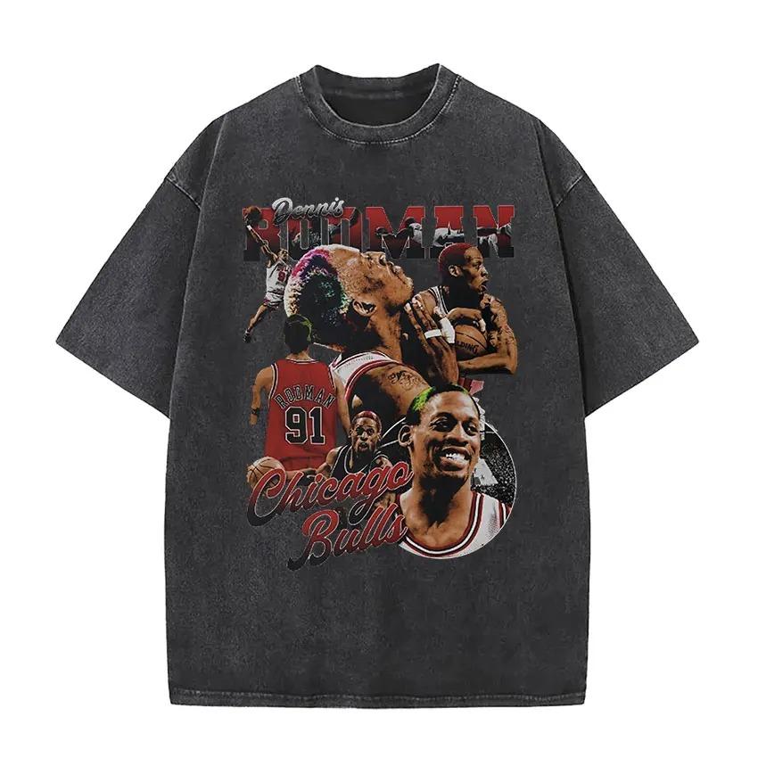2026 Dennis Rodman Camiseta Lavada Vintage para Hombre y Mujer Genial Hip Hop Gótico Camisetas Oversize Cuello Redondo Moda de Alta Calidad Streetwear