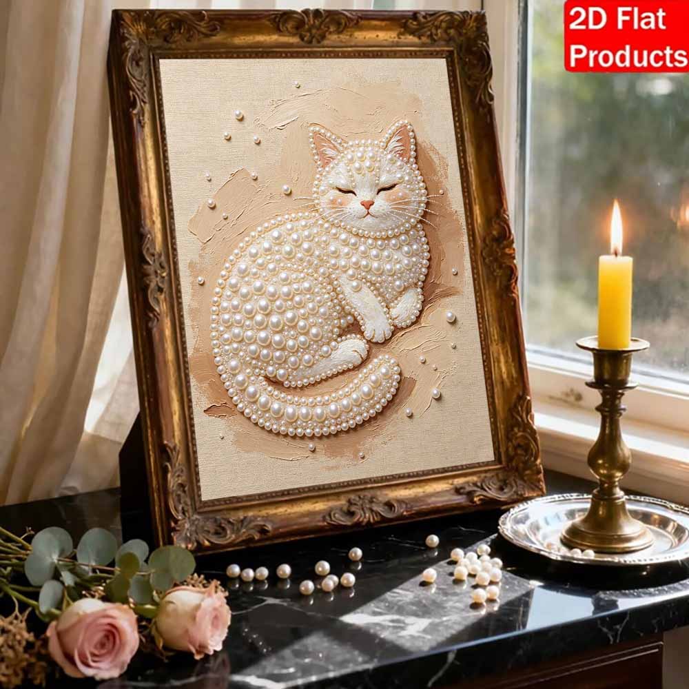 Sleeping White Cat Pattern 5D Pearl Painting Kit with Frame DIY Sparkling Bead Canvas Art Relaxing Craft for Home Wall Room Decor