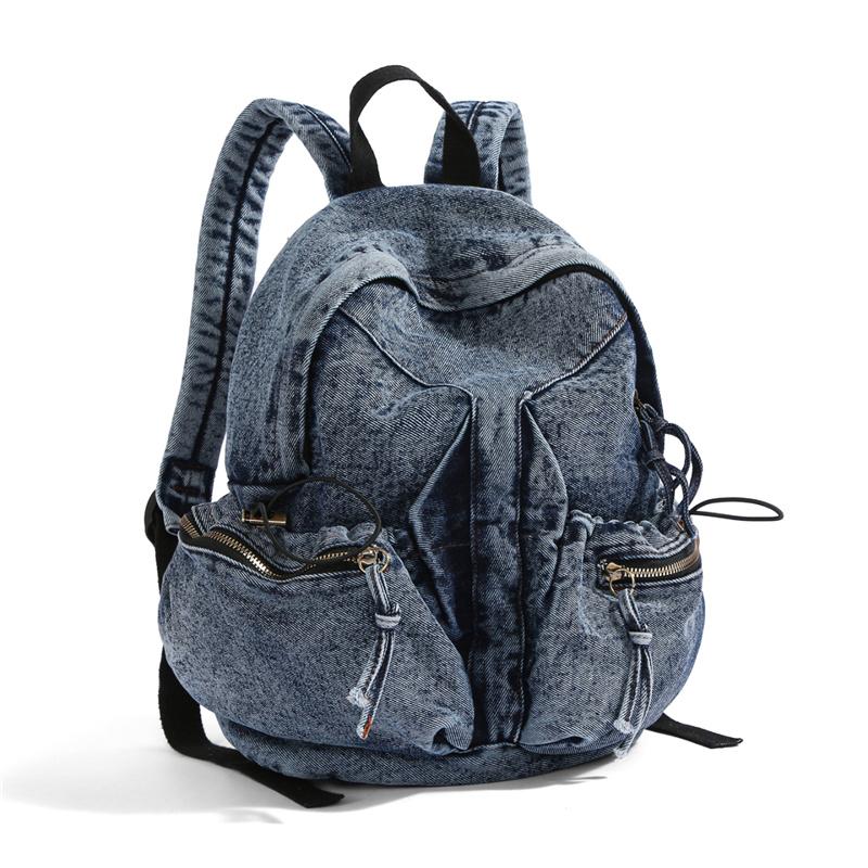 Denim Backpack Women's Fashionable Casual School Bag Trendy Rucksack with Drawstring Pockets