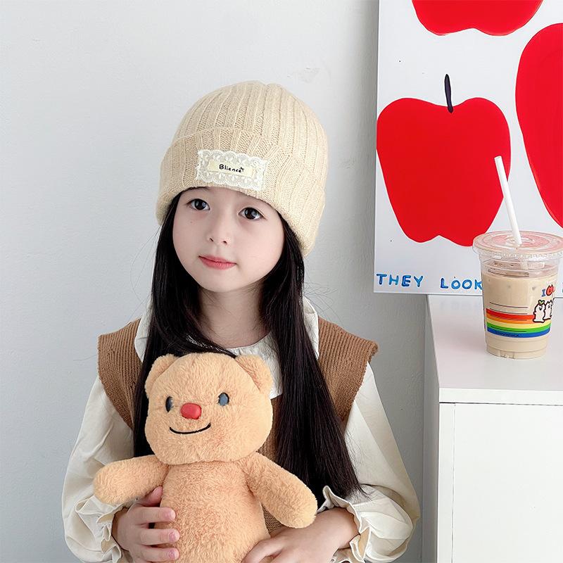 Children's Knitted Hat Lace Cloth Label English Embroidery Wool Beanie Autumn and Winter Warm Thickened Baby Ear Protection Hat