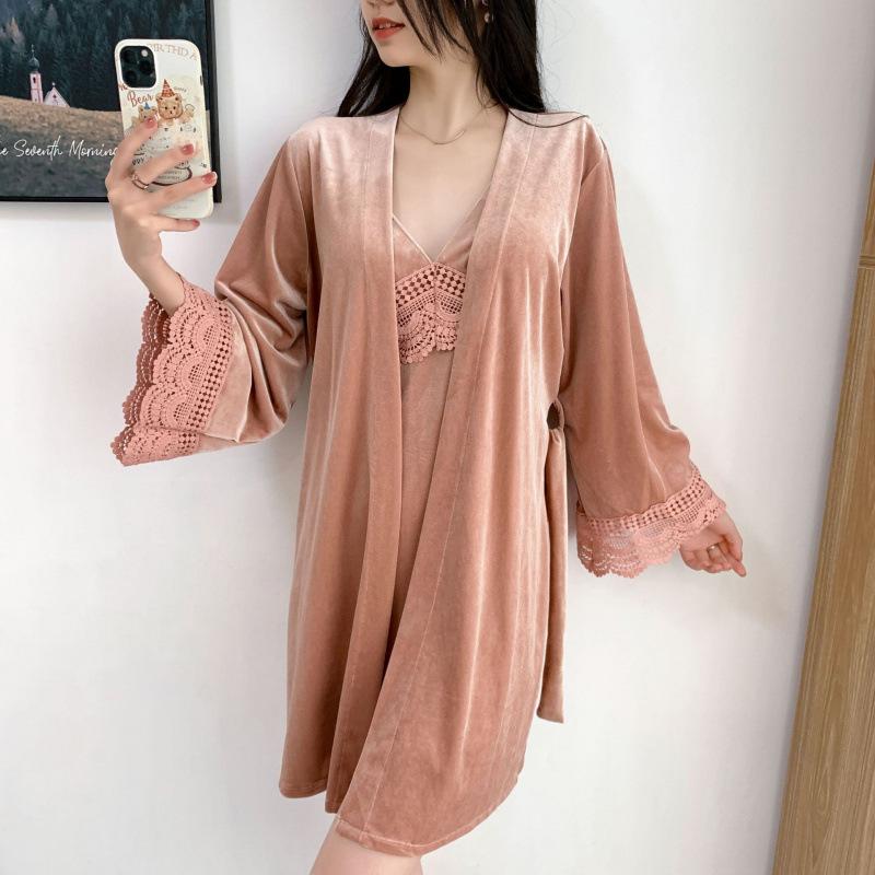 

2025 Gold Velvet Sexy Lace Nightgown Set for Women Extra Large