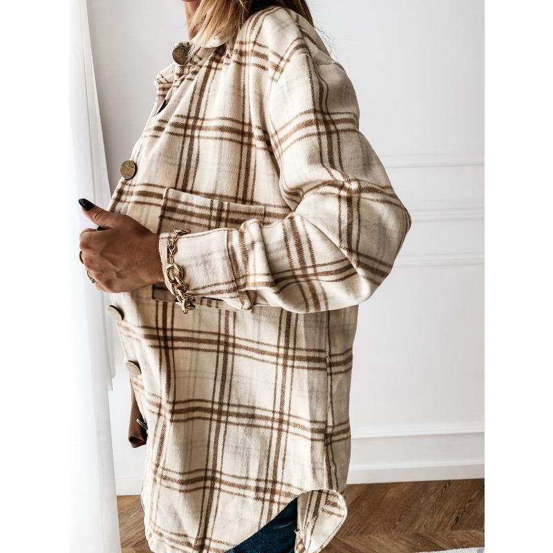 Camicia da donna autunnale Camicia di media lunghezza con risvolto ampio scozzese Comoda giacca da camicia casual