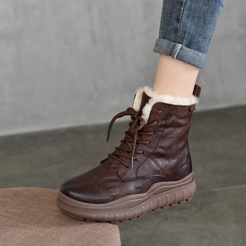 Johnature Thick Sole Wool Boots Thickened Warm Cotton Boots Genuine Leather Retro Women Short Boots
