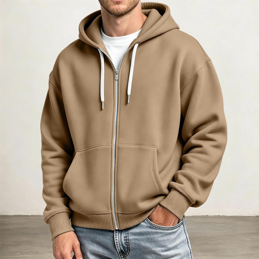 Men's Full Zip Hoodie Drop Shoulder Sleeves, Casual Long Sleeve Sweatshirt for Everyday Wear
