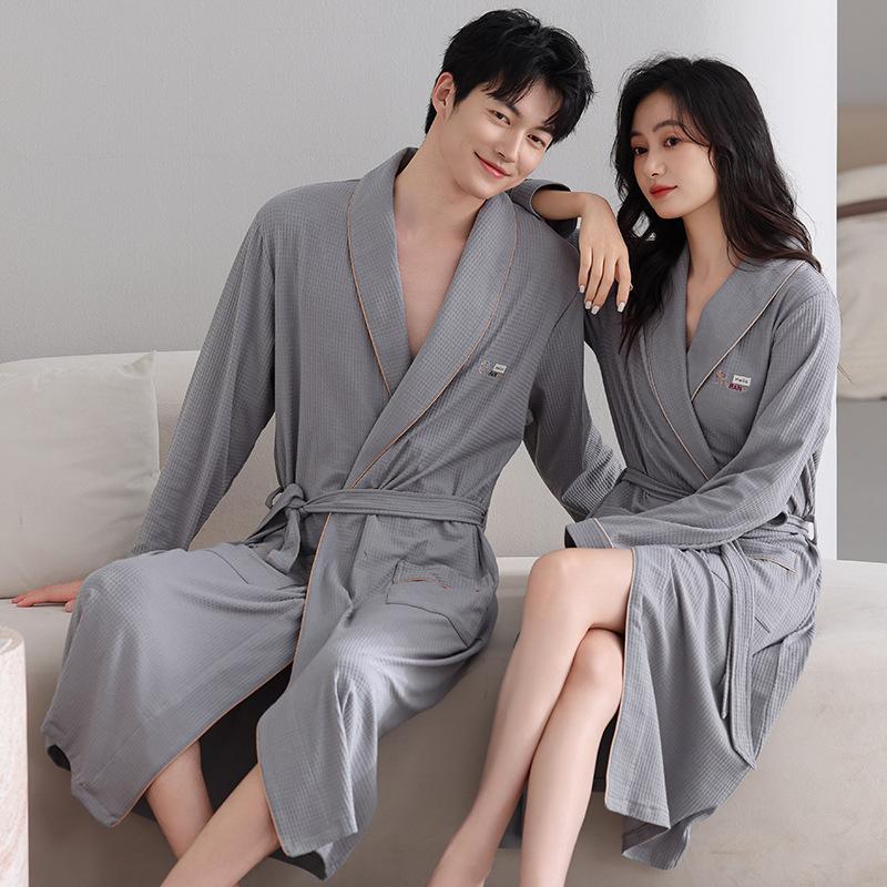 Reiner Baumwolle Paar Nachthemd Damen Herbst Große Größe Langärmlig Frühling und Herbst Herren Lockere Loungewear Hotel Bademantel Yukata