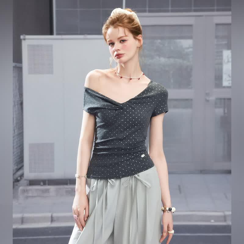 UNIFREE Glitter Polka Dot One-Shoulder Twist-Knot Slim Tee