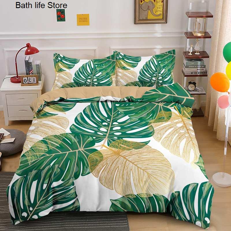 3D Printed Duvet Cover Set with Pillowcases Tropical Rainforest Bedding Set Green Tropical Plants Leaves Printed Bedding Set