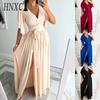 HNXC Women's Fashion Summer Spring Solid Color Print Short Sleeve V-Neck Casual Dresses