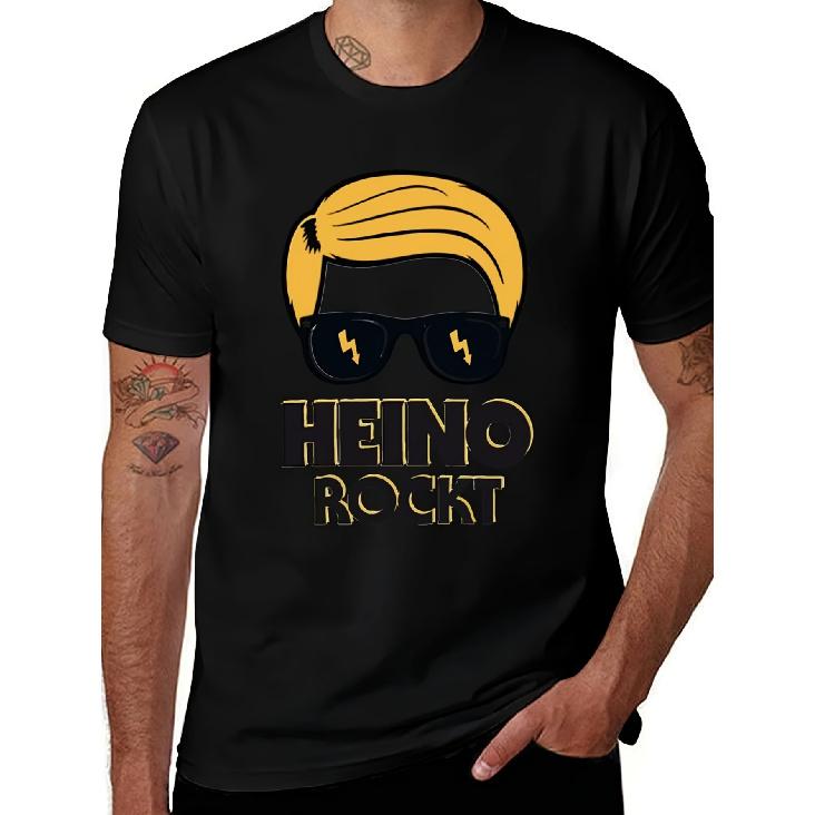 Черная мужская футболка Heino с золотым принтом HEINO ROCKT и стилизованным изображением лица - Идеально подходит для повседневной носки, вечеринок и круглый год S чёрный