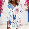 Women Plus Size V Neck Long Sleeve Printed A Line Flared Hem Dress