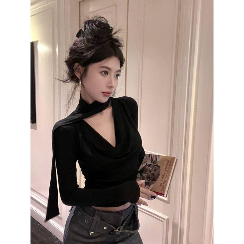 Kumikumi Sexy Wind Black Streamer V Neck Long Sleeves T-shirt Women's Autumn All-Matching Slim Fit Slimming Sexy Top