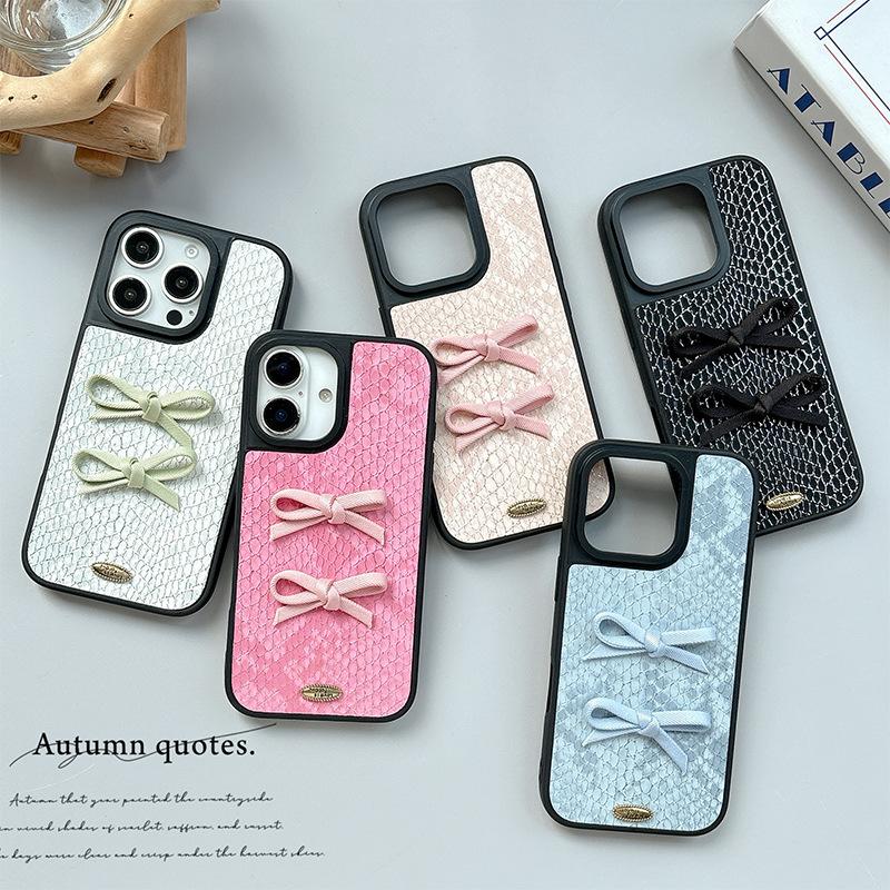 Solid Color Snakeskin Pattern Mobile Phone Case for IPhone17pro Three-dimensional Bow for Apple 16plus Simple and Light Luxury