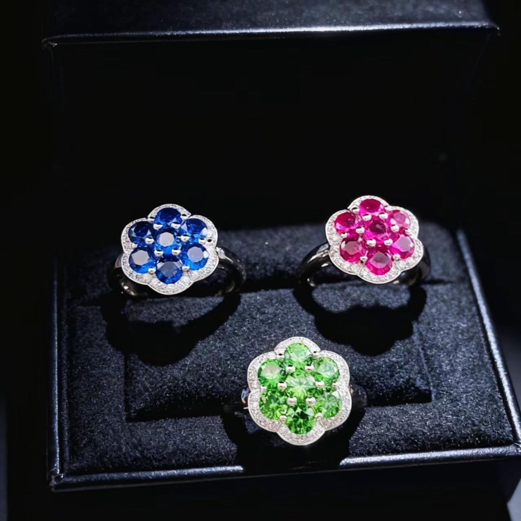 Fashion Jewelry Flower Ring Versatile Light Luxury Full Diamond Cultivation Ruby Emerald Women's Ring
