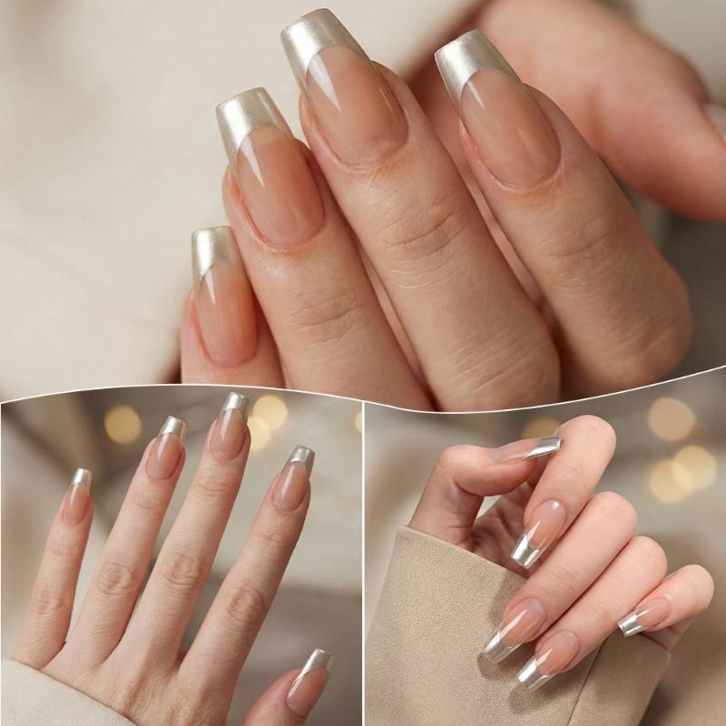 120Pcs/Box Nude Gold French Press On Nails 12Sizes Extra Trapezoid Full Cover Soft Gel False Nail Tips For Nail Extension