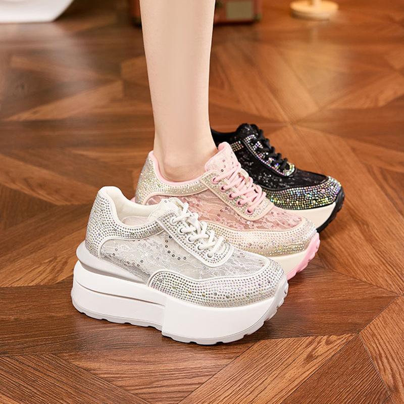 Platform white shoes women's 2025 summer new rhinestone hollow mesh sandals inner height increase versatile Forrest Gump casual shoes