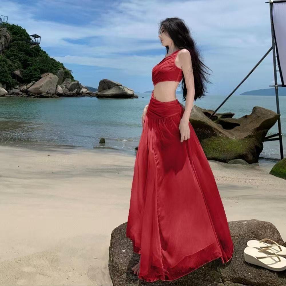 Pure Desire Spice Girl Slanted Shoulders Exposed Waist Atmosphere Vacation Super Fairy Big Swing Romantic Dress Red Dress Feeling