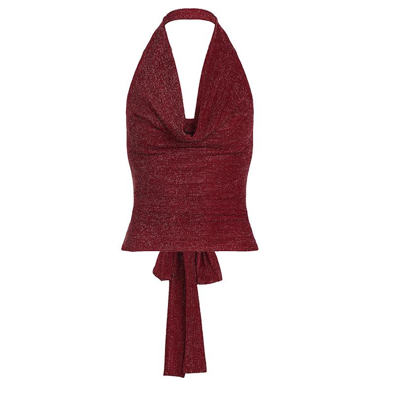 

European & American Sexy Bright Halter Top: V-Neck, Slim Fit, Draping Neck, Waist-Cinched, Solid Color. S