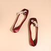 Fashion Women's Red Satin Square Toe Flat Shoes Chinese Style Simple Slip on Soft Bottom Pearl Flower Decoration Wedding Bride Shoes