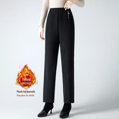 2025 Women's High Waist Fleece-Lined Pants - Spring/Autumn, Thick Woolen Straight-Leg for Middle-Aged & Elderly