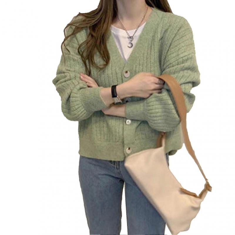 Women Knit Sweater Coat Loose Casual Long Sleeves V Neck Button Closure Knitted Sweater Coat Top