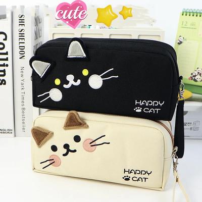 Cute Cat Pencil Case for Student Beige Black Color Cartoon Kitten Pencil Pouch Large Capacity Stationery Bag School Supplies
