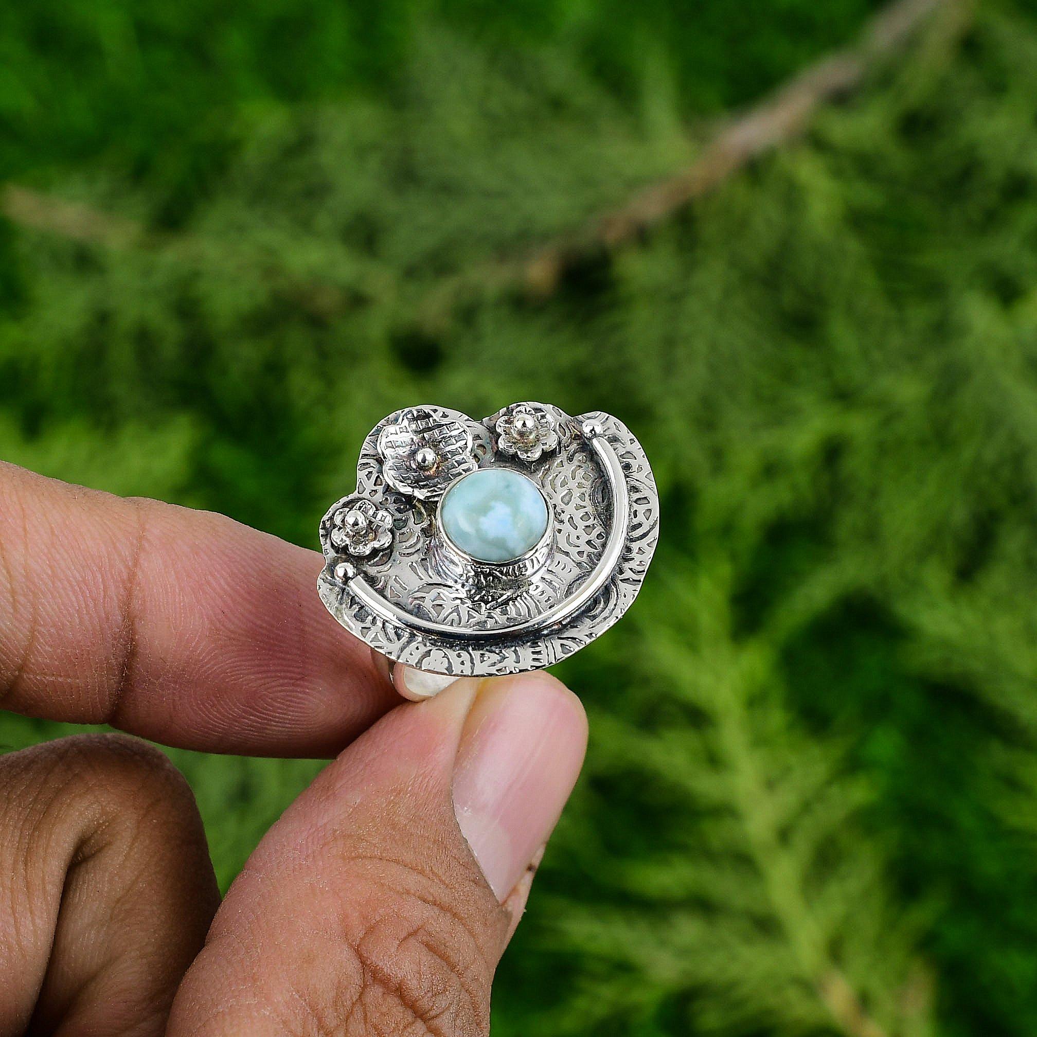 

Natural Larimar Gemstone 925 Silver Multi Stone Flower Adjustable Ring For Women Adjustable