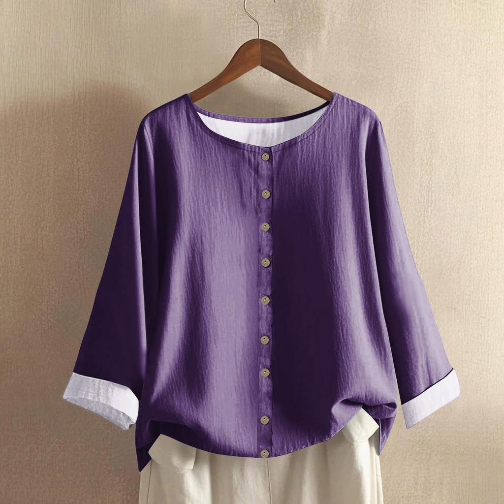 Women's Casual Long-sleeved Round Neck Solid Color Cotton And Linen Top