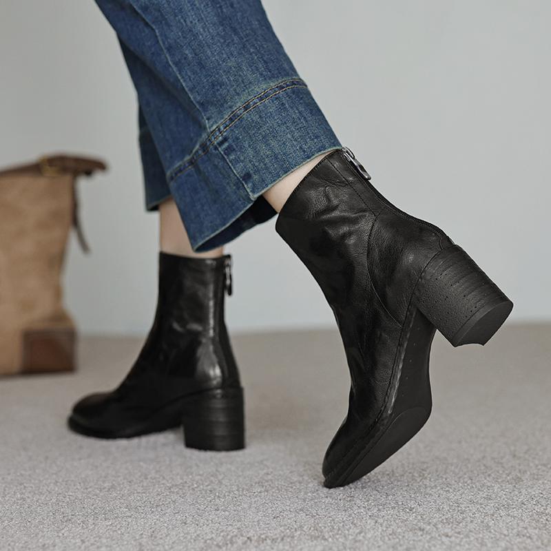 Krazing Pot Îmbrăcăminte de bază Piele de oaie Toamnă Iarnă Pantofi Tocuri groase Cizme Chelsea Vârf rotund Păstrează cald Botine cu fermoar