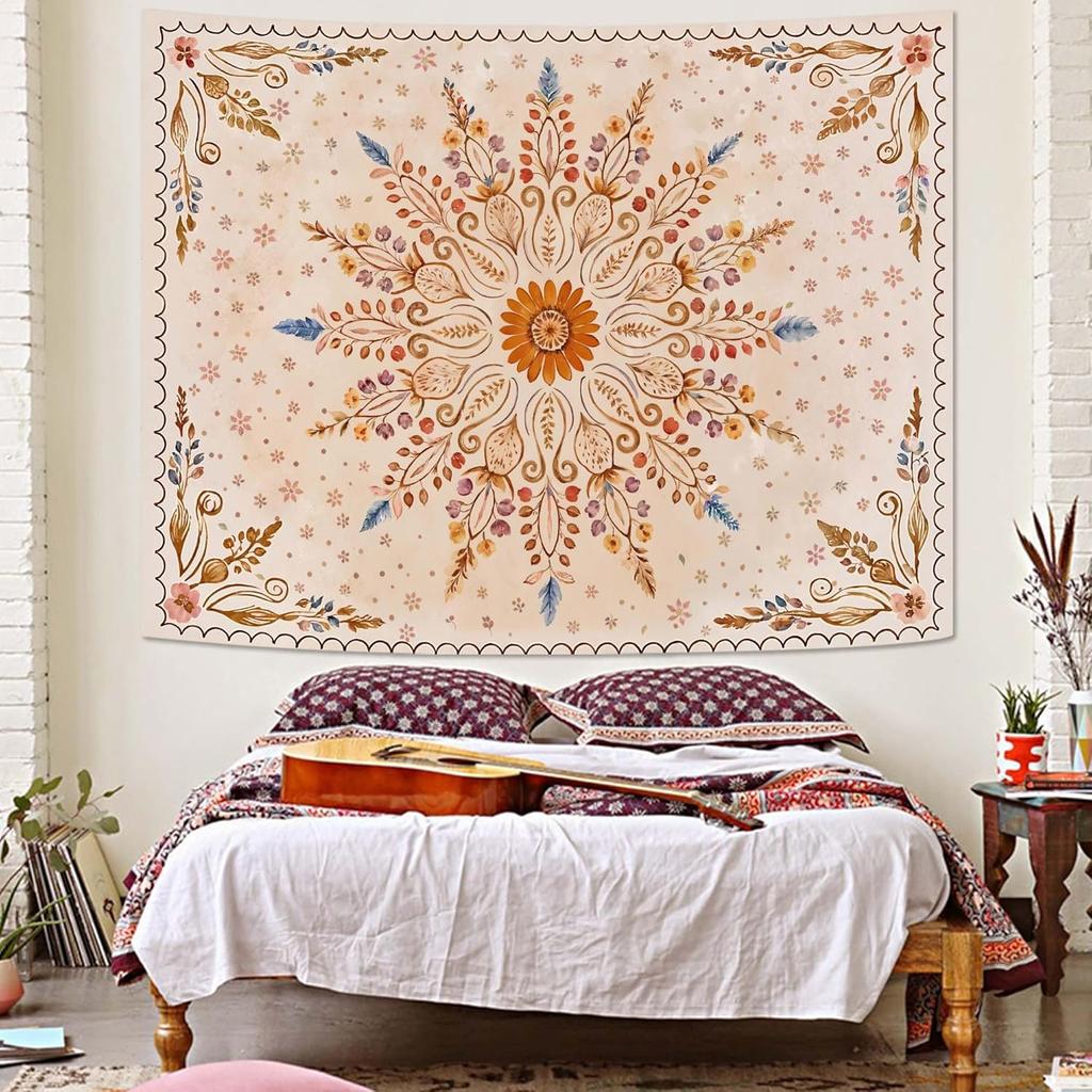 Boho Floral Mandala Tapestry For Bedroom Aesthetic Watercolor Bohemian Flower Wall Tapestry Brown Beige Hippie Indian Small