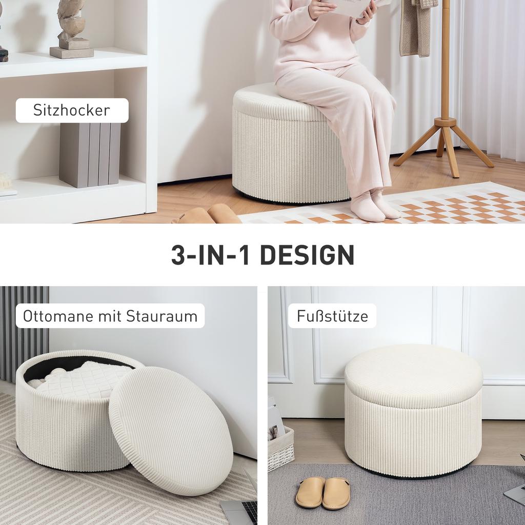 Footstool with 97 L Storage Space, Corduroy Fabric, Foam, Seat Stool, Beige
