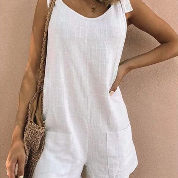Summer 2025 Solid Color Cotton Linen Jumpsuit with Patch Pockets