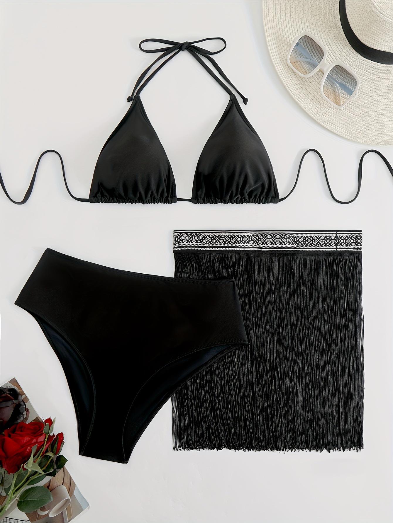 

2025 European & American Plus Size Solid Color 3-Piece Bikini Swimsuit 0XL чорний