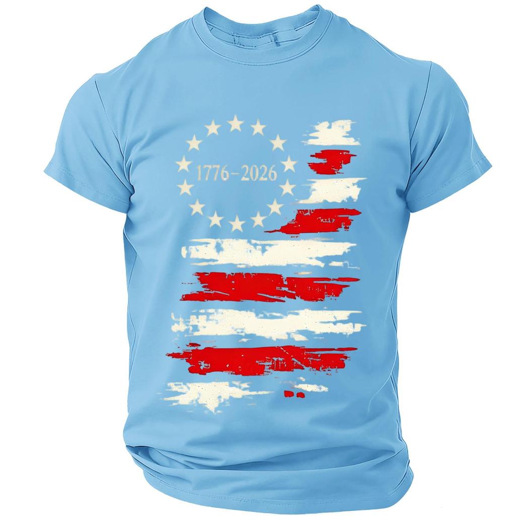Men’s Short Sleeve Crew Neck T Shirt with Distressed Flag Print 776–2026 Graphic for Everyday Wear
