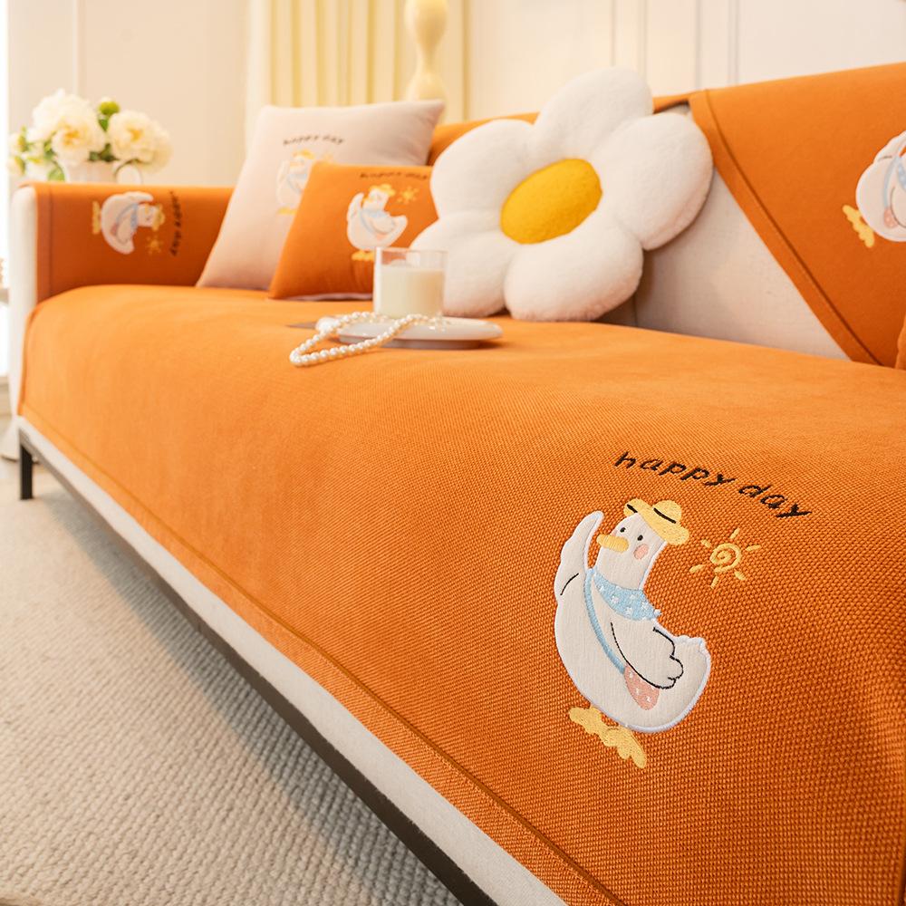 Embroidery Cartoon Duck Sofa Cushion Universal In All Seasons  New Chenille Fixed Non-Slip Sofa Seat Cushion Cover Cloth
