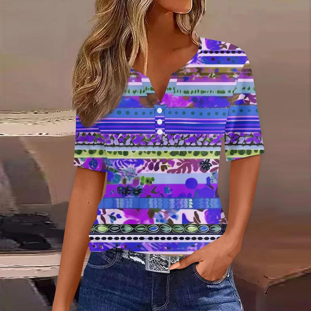 Women's T Shirt Print Button Short Sleeve Daily Weekend Fashion Basic V-Neck Regular Top
