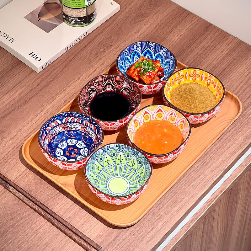 3/6PCS Bohemian Ceramic Sauce Bowls - Small Dishes for Home Cooking, Sushi, BBQ,Snacks | Dishwasher/Microwave Safe for Home