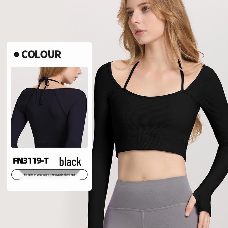Women's Ribbed Halter Neck Yoga Top with Long Sleeves and Pads - High Elastic Cropped Fitness Top for Autumn/Winter