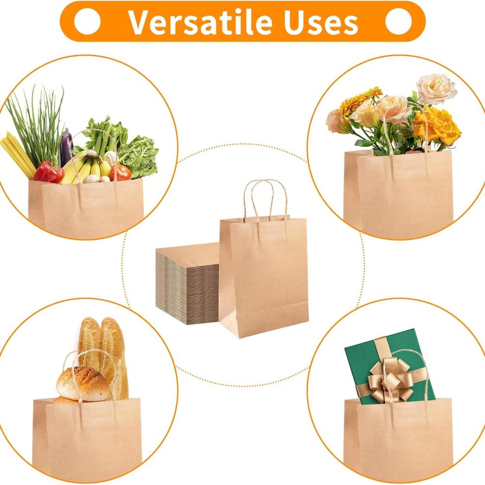 Paper Bags, 50 Pcs Brown Kraft Paper Bags, Brown Paper Gift Bags with Handles for Shopping, Wedding, Retail, Party Favor, 8.3 X 4.3 X 10.6 Inch