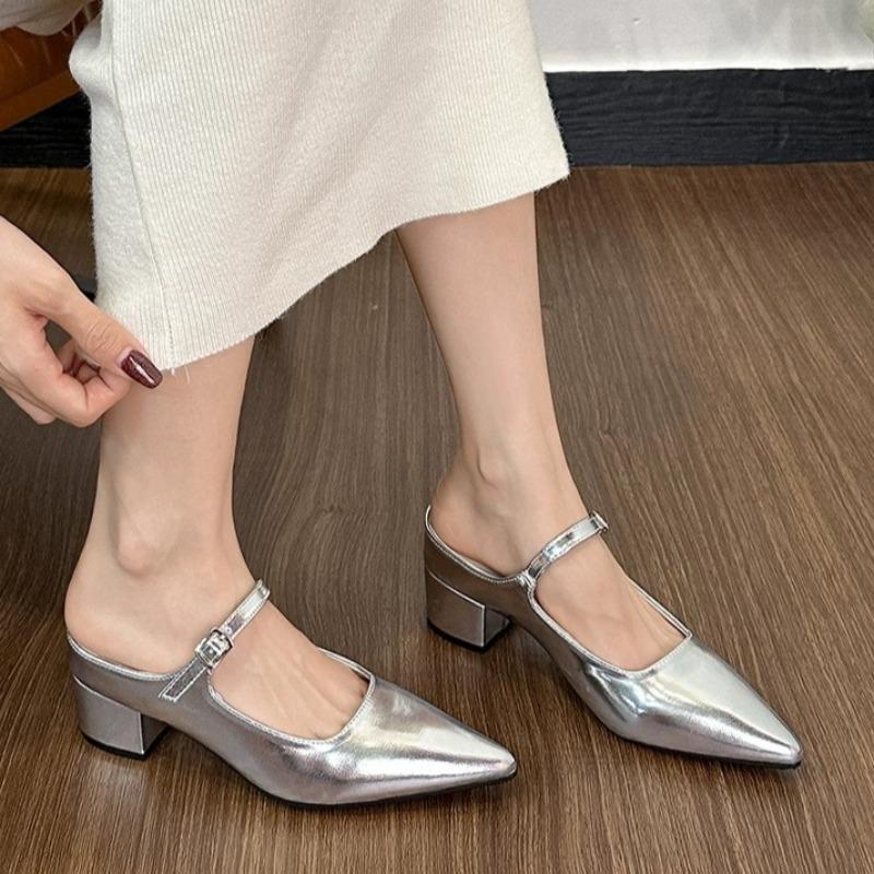 French Heightened Inside Heels Women's Pointed Toe Shallow Mouth One Strap Soft Sole Outside Wear Half Drag