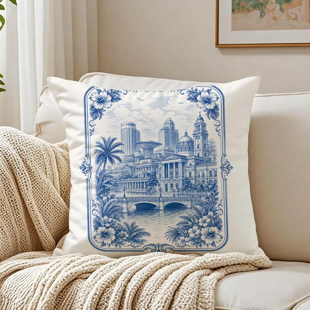 Singapore Vintage Cityscape Cushion Cover Breathable Short Plush Cushion Covers Machine Washable Wrinkle-Resistant Soft Durable