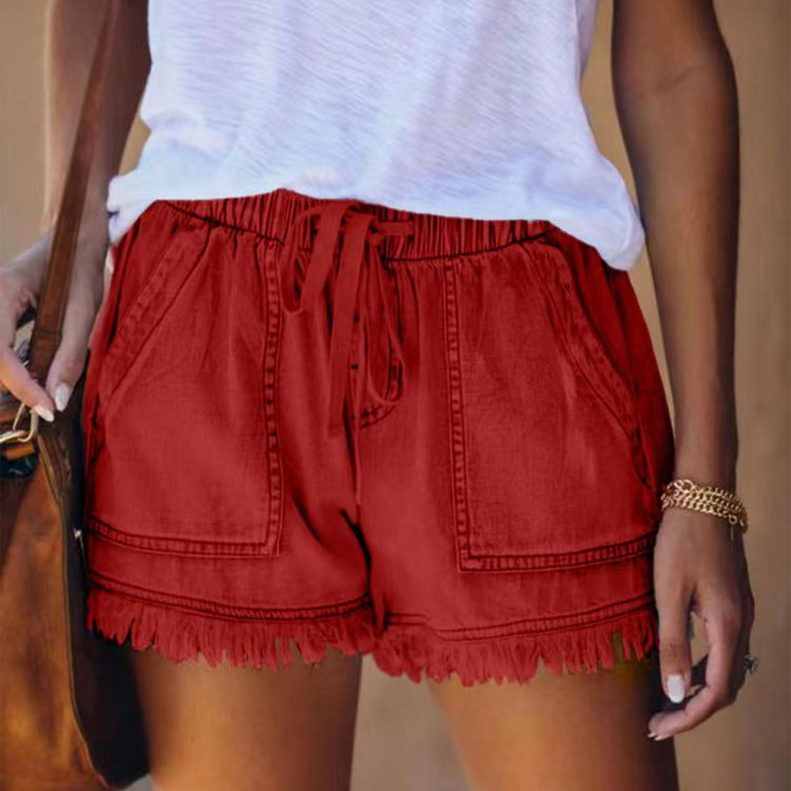 

Эластичный пояс сплошной цвет повседневные джинсовые шорты для похудения для женщин шорты XS винный