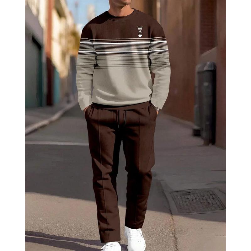 Men's Casual 2-Piece Set Comfortable Long-Sleeved Printing Round Neck Man T-Shirt and Drawstring Sport Two-Piece Sets