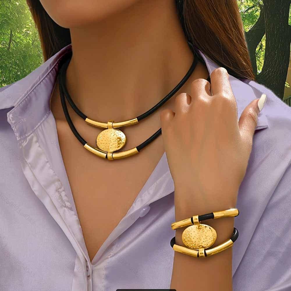 Fashion creative design sense retro trend double layer metal tube necklace bracelet set золотой