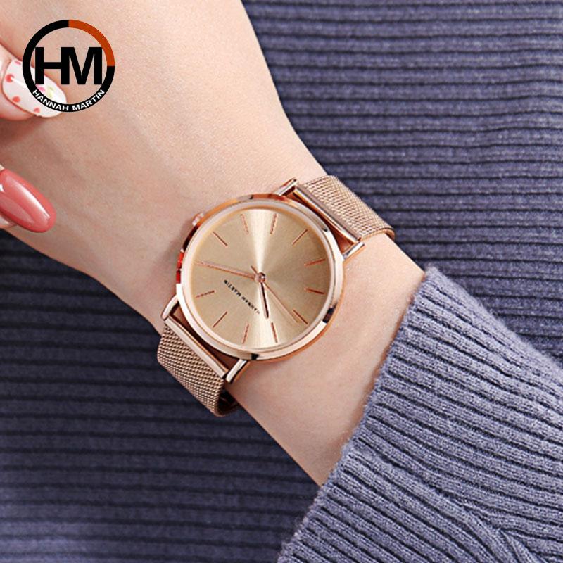 Hannah Martin Japan Quartz Movement High Quality Women Stainless Steel Mesh Rose Gold Waterproof Ladies Watch Dropshipping CC36