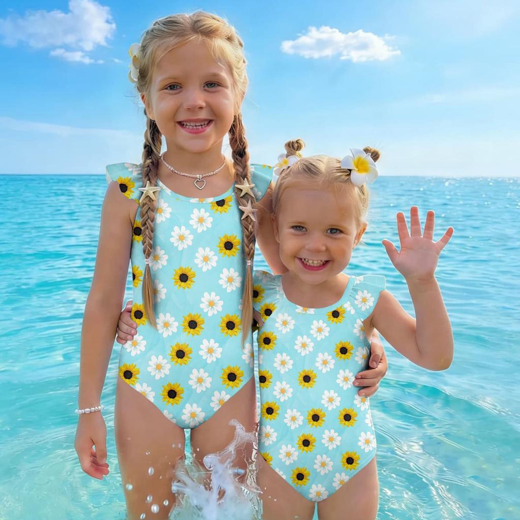 Girls One Piece Swimsuit Floral Print Sleeveless Ruffle Shoulder Design Lightweight Comfortable Fabric Suitable for Summer Beach Pool Swimwear