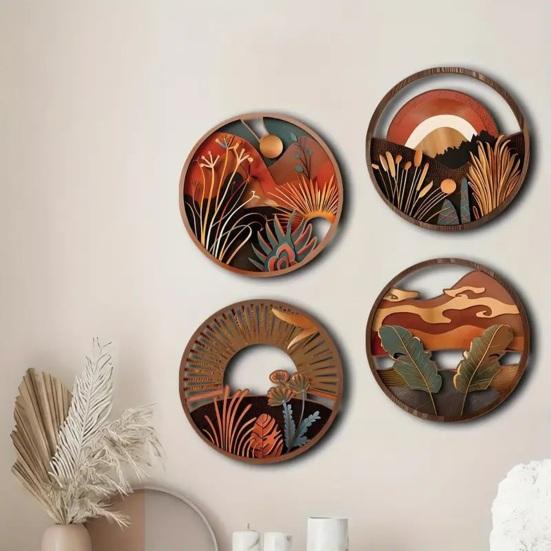 4 Pcs Wooden Round Boho Wall Art Bohemian Circle Wall Decor Hollow Out Farmhouse Hanging Sign for Bedroom Living Room Bathroom Patio Apartment