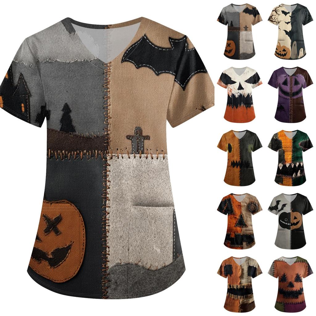 Women Halloween Print Loose Fit V Neck Short Sleeve Top with Pocket Comfortable Fabric for Work or Casual Wear