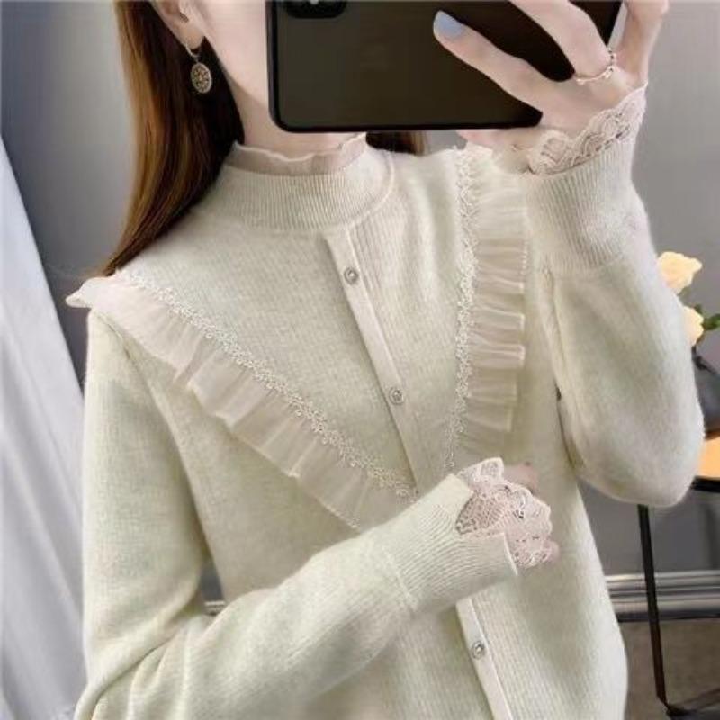 Women Ruffles Lace Patchwork Cashmere Sweater Autumn Winter Casual Knitted Jumpers Long Sleeve Slim Pullovers